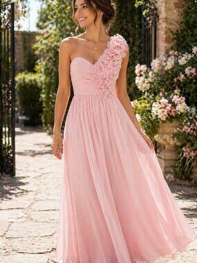 Blush Pink One Shoulder Chiffon Gown | Floral Applique Formal Dress Prom Wedding